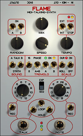 Front panel of the FLAME MIDI TALKING SYNTH, showing its controls.