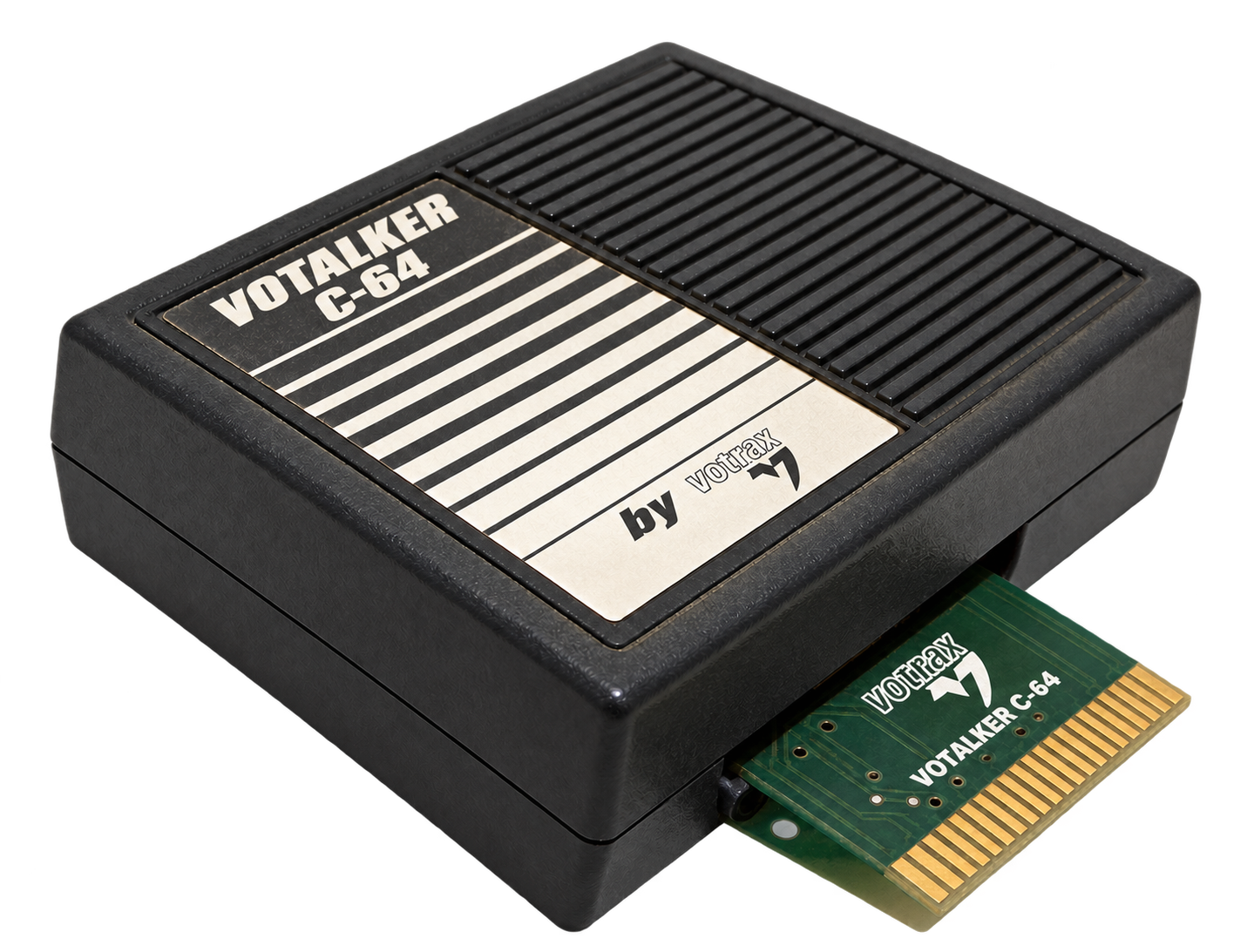Votalker C-64 module with its speaker grille and expansion-port connector